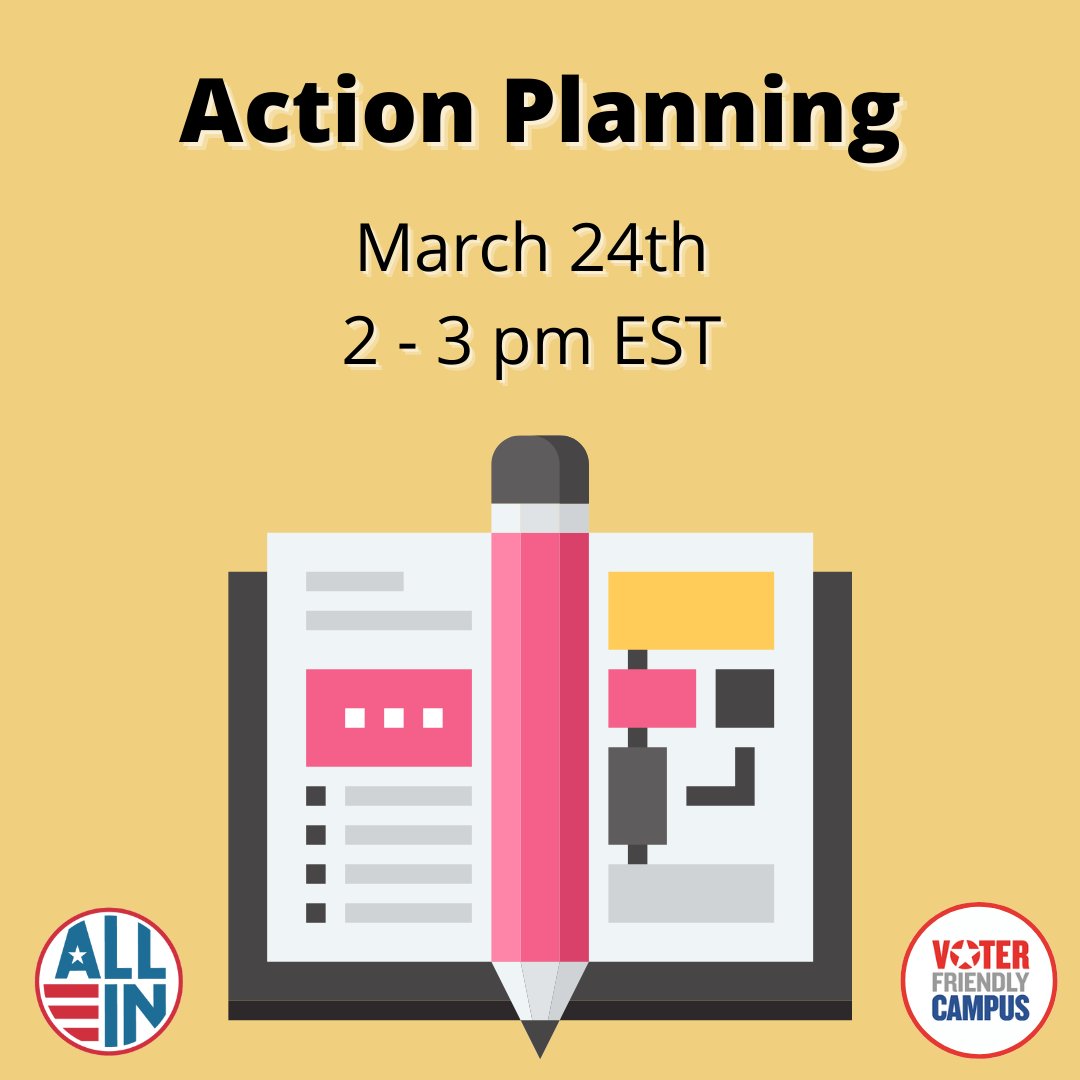 CampusVote's tweet photo. Join the VFC Team and @allintovote as we discuss the resources, tools, and support that ALL IN and VFC can provide to campus action planning, as well as the benefits of participating in both programs. 

Register: https://t.co/o5LPLqih0l https://t.co/ssuIUPoBsE