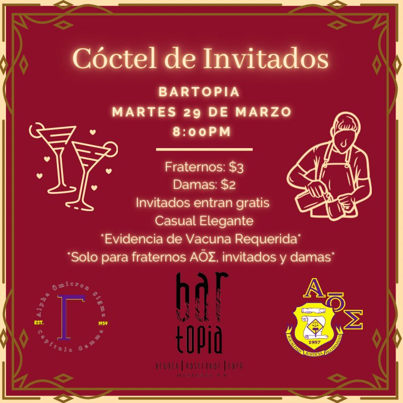 GammaAOE's tweet photo. El Capítulo Gamma se complace en invitarlos a nuestro Cóctel de Invitados. Esperamos verles allí para poder pasar una velada maravillosa como de costumbre.
#StriveForGamma
#AntesAhoraYSiempreGamma https://t.co/hvj22go88h