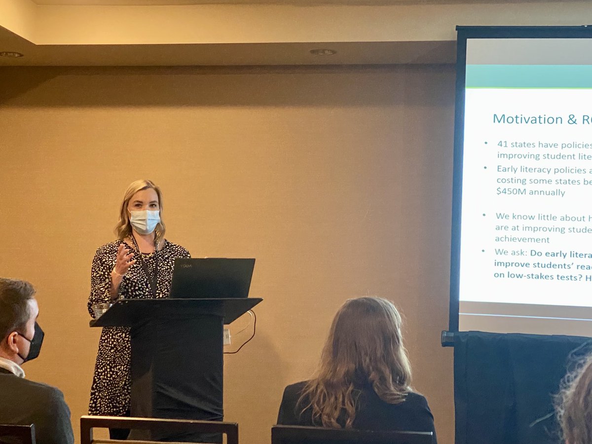 KatharineStrunk's tweet photo. Love it when we get a twofer. ⁦@EPICedpolicy⁩ postdoc ⁦@EconWestall⁩ &amp; phd student ⁦@cummingsamyr⁩ presenting work on early literacy laws at #AEFP2022. #ResearchWithConsequence https://t.co/nQCEXi0TE0