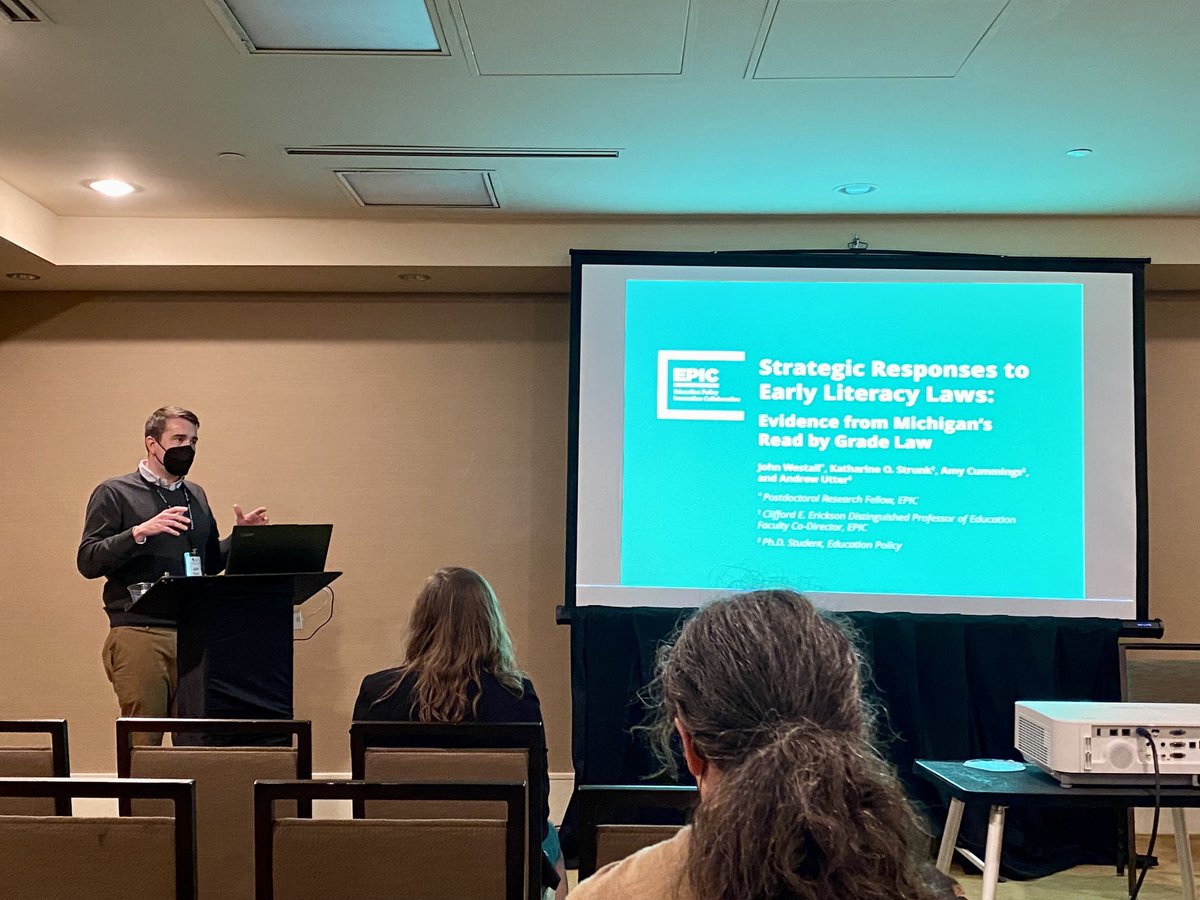 KatharineStrunk's tweet photo. Love it when we get a twofer. ⁦@EPICedpolicy⁩ postdoc ⁦@EconWestall⁩ &amp; phd student ⁦@cummingsamyr⁩ presenting work on early literacy laws at #AEFP2022. #ResearchWithConsequence https://t.co/nQCEXi0TE0