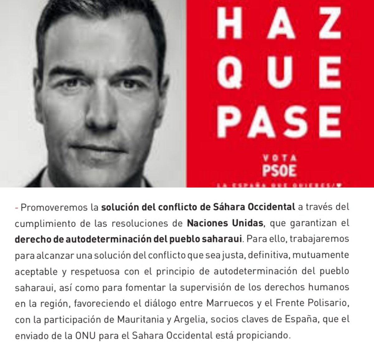 Vidushi_ii's tweet photo. Programa electoral del @PSOE "Promoveremos la solución del conflicto del Sáhara Occidental a través del cumplimiento de las resoluciones de Naciones Unidas que garanticen el derecho de autodeterminación del pueblo saharaui"
*HAZ QUE PASE,VUELVE A REÍRTE EN LA CARA DE TUS VOTANTES https://t.co/r8gudQgCSV