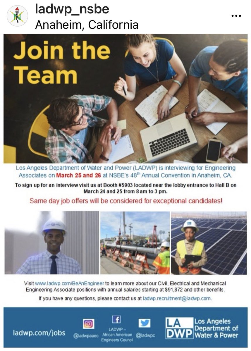 LADWP will be conducting in-person job interviews at the NSBE 48th Annual Convention To sign up for one of the limited in-person interview appointments, visit the LADWP Career Fair booth on 3/24/22 or 3/25/22 from 8 am to 3 pm. 
convention.nsbe.org