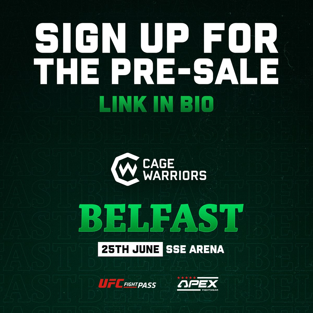 🤩 IT’S OFFICIAL! We’re heading to <a href="/SSEBelfastArena/">The SSE Arena, Belfast</a> on 25th June.

🎟 Sign up for the CW #Belfast pre-sale using this link linktr.ee/CageWarriors