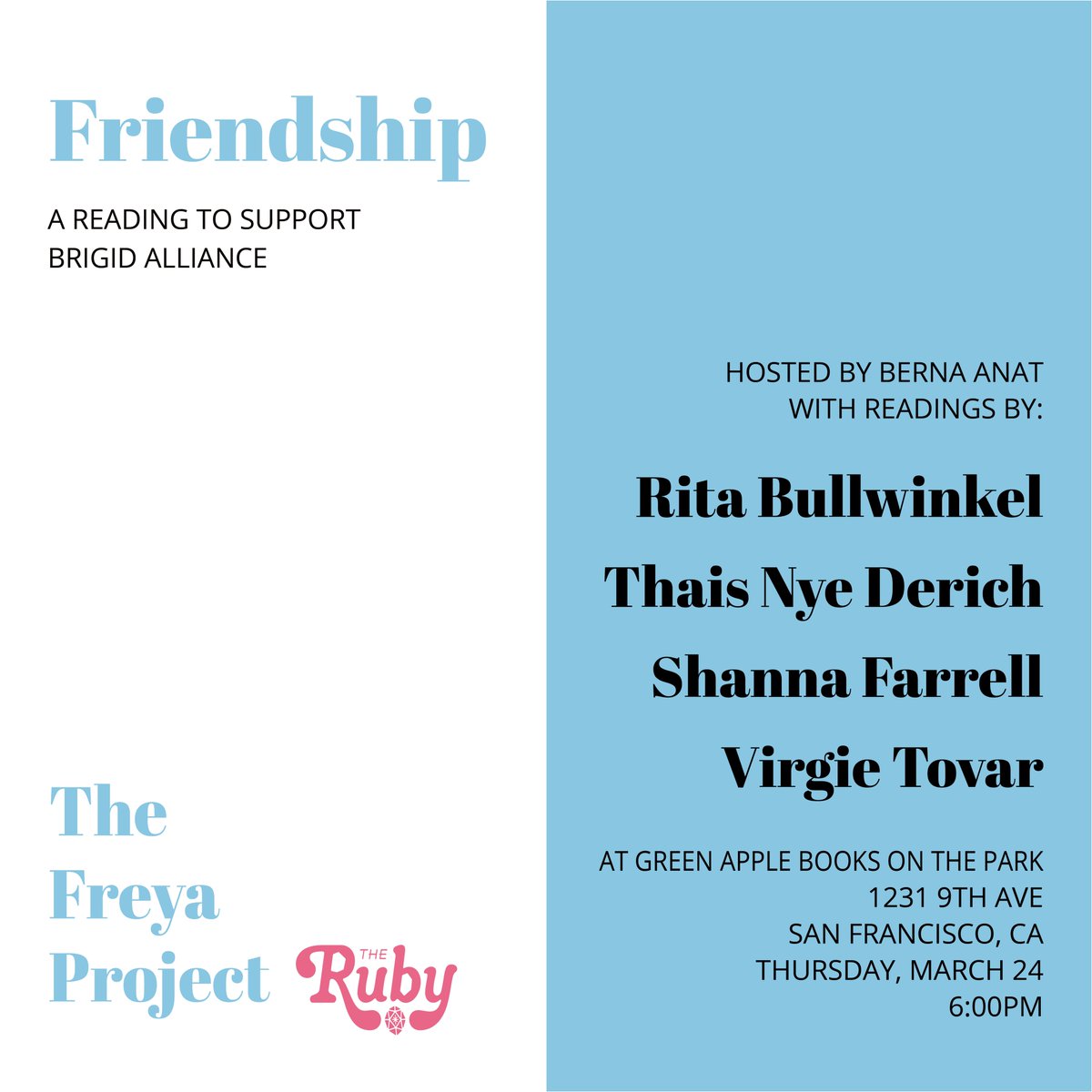 GreenAppleBooks's tweet photo. Thursday! @TheFreyaProject and @therubysf come together for a reading benefiting @BrigidAlliance! Feat. host @HeyBerna, @RitaBullwinkel, @thaisderich, @shanna_farrell, @virgietovar at @booksonthepark! https://t.co/mfWNu0PfDW https://t.co/tAKUqKBXoD