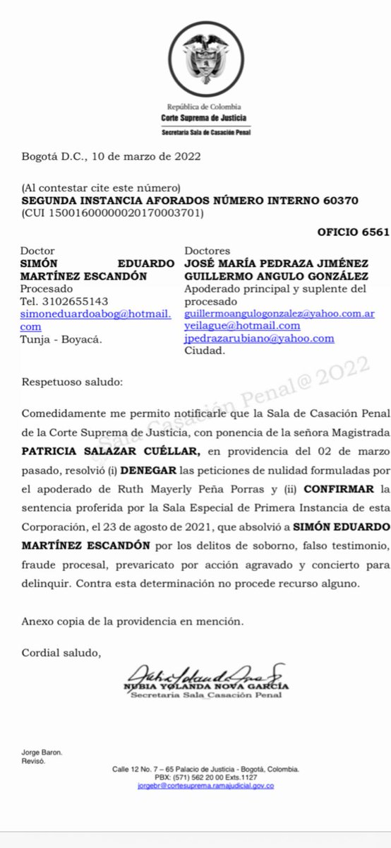 CaracolRadioTun's tweet photo. En sentencia definitiva, absolvieron al abogado penalista de #Tunja Simón Martínez que había sido investigado en medio de un caso por supuesto favorecimiento a ‘Pedro Orejas’. La Corte Suprema de Justicia declaró a Martínez definitivamente INOCENTE. https://t.co/cgFt6OXuBE