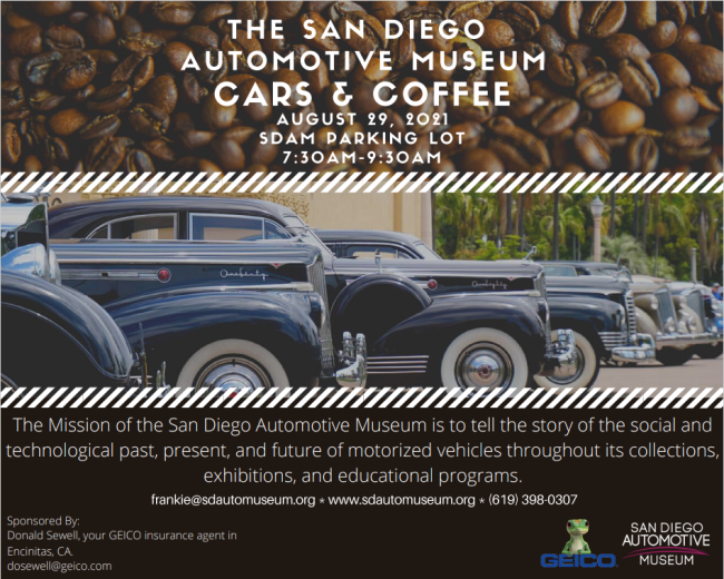 The early bird gets the coffee at the <a href="/SDAutoMuseum/">San Diego Automotive Museum</a> this Sunday, March 20! “Cars and Coffee” returns at the museum’s parking lot from 7:30 am to 9:30 am. See some amazing autos while enjoying a hot cup of joe – it’s a great way to start your Sunday morning!