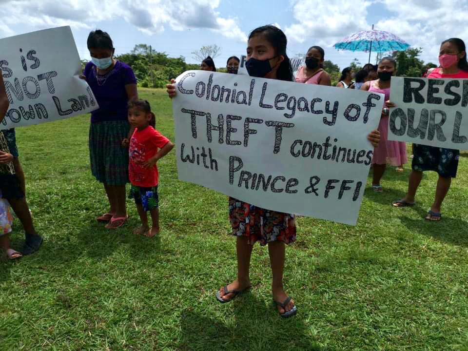 Image from today’s protest at Indian Creek, Belize: “Colonial Legacy of THEFT continues with Prince &amp; FFI” (ref to Flora and Fauna International, in dispute over communal land rights) Photo from Maya Culture Belize FB
