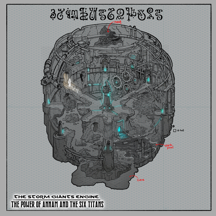 Trying to introduced some history and lore of the Storm Giants. This was a side-quest boss battle and timed puzzle with a pair of ancient Behirs that nested in some old Storm Giant ruins, an elemental engine that powered whole cities of ancient Ostoria. #dnd #cartography #ttrpg