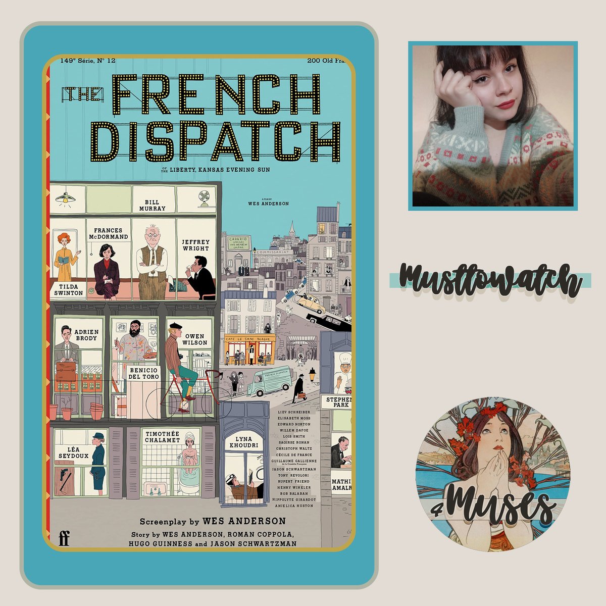 4_muses's tweet photo. #MustToWatch: #TheFrenchDispatch

Il Covid ha stremato il mondo dell'arte, molti film sono stati rimandati e "The French Dispatch of the Liberty, Kansas Evening Sun" è uno di quei film

Commenta l’articolo di @silviabru_ 

https://t.co/yyuOGt2gqe https://t.co/LJyWTMxCIW