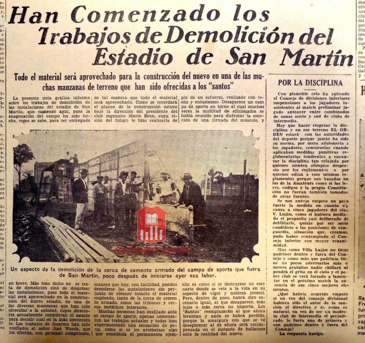[Rumbo al 90° Aniversario] 

📌En Junio de 1930 los dirigentes de #SanMartínTuc habían formalizado la venta del Estadio de Bolívar y Alberdi. De manera inmediata comenzaron las obras para desarmar las instalaciones del predio, ya que el acuerdo así lo estipulaba.