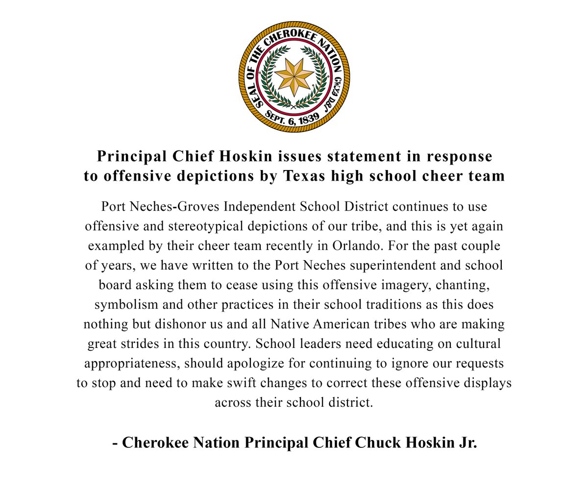 CherokeeNation's tweet photo. Cherokee Nation Principal Chief @ChuckHoskin_Jr issues statement in response to offensive depictions by Texas high school cheer team: https://t.co/t2VCrbaZV8