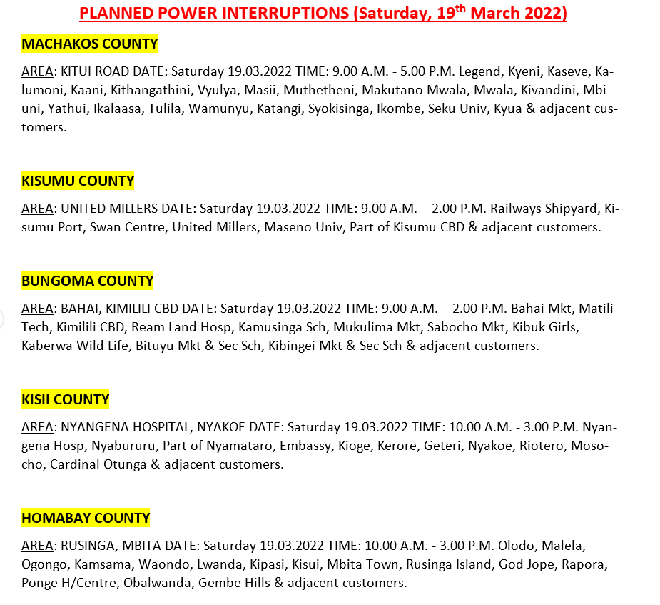 KenyaPower_Care's tweet image. Hello, please find the areas scheduled for maintenance today.^MM