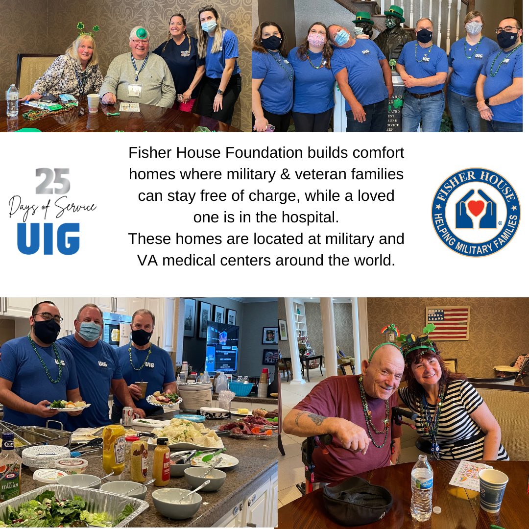 UnionInsurance's tweet image. Days 3 and 4 of UIGs 25 days of service were held at the @FisherHouseFdtn! We enjoyed spending the last two days cooking lunch and spending time with the guest. We played bingo and handed out fun St. Patrick's day accessories. Thank you FH for all you do!