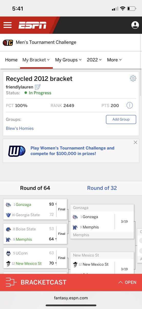 FriendLauren's tweet photo. My bracket is in the top 2500 on ESPN… should I start gambling?? 🤯
@BarstoolBigCat @PFTCommenter @hen_ease https://t.co/17XDAiuh0e