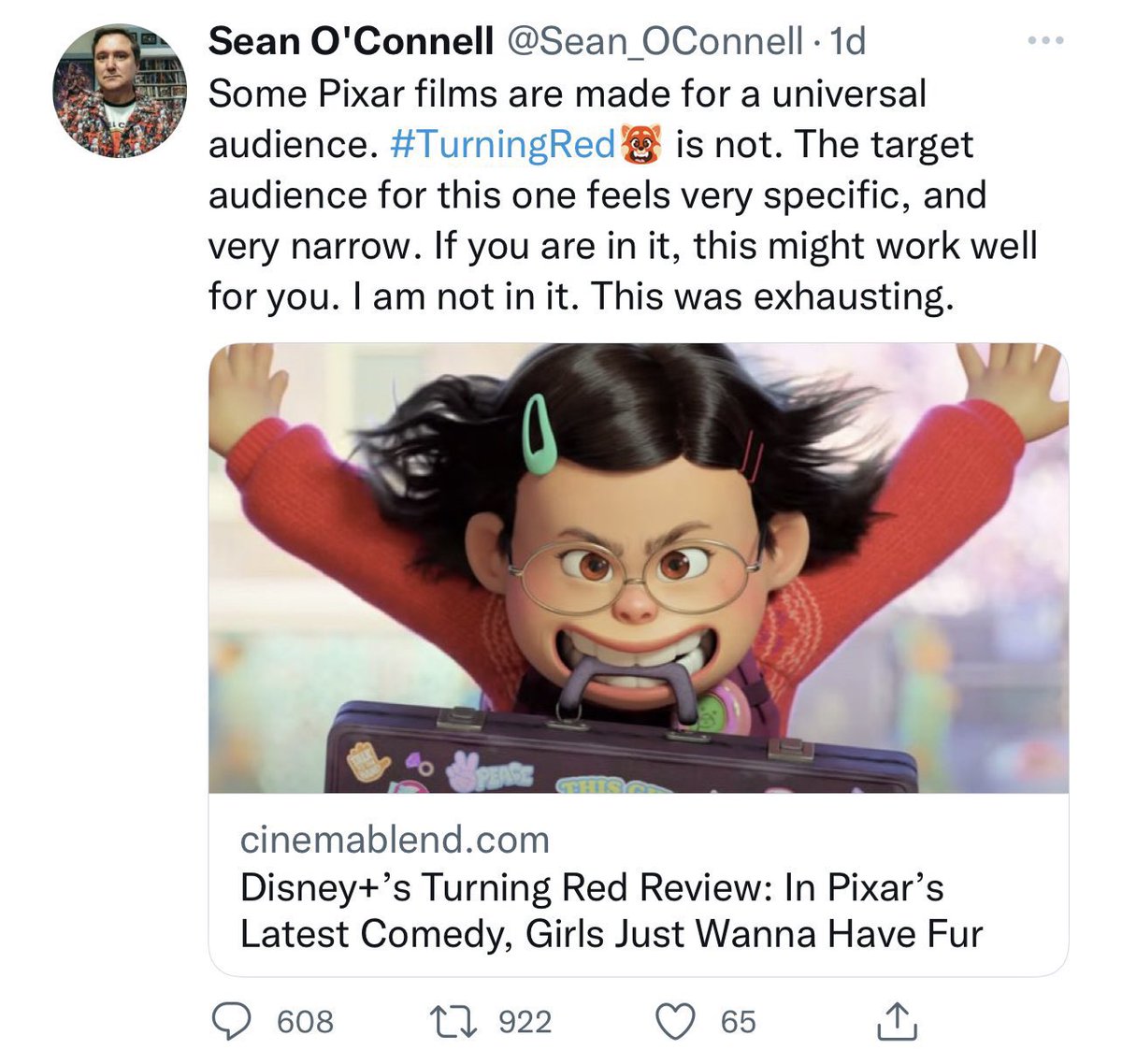 dontrunbabygirl's tweet photo. Hi @Sean_OConnell, the world we live in is for a universal audience. #Whitesupremacy is not. The target audience for whiteness feels very specific, and very narrow. If you are in it, the world might work well for you. Living in your world is exhausting. #TurningRed #seanoconnell https://t.co/pR0v6KU3Go