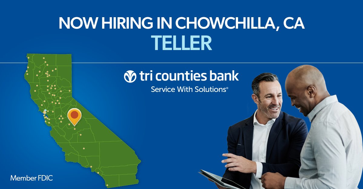 TriCountiesBank's tweet photo. At Tri Counties Bank, we provide career growth opportunities and fantastic benefits. We're hiring a Teller in Chowchilla, CA! Apply now: https://t.co/dXhzdPUV4P #WhereYourWorkMatters #MemberFDIC https://t.co/RGY11ulNrn