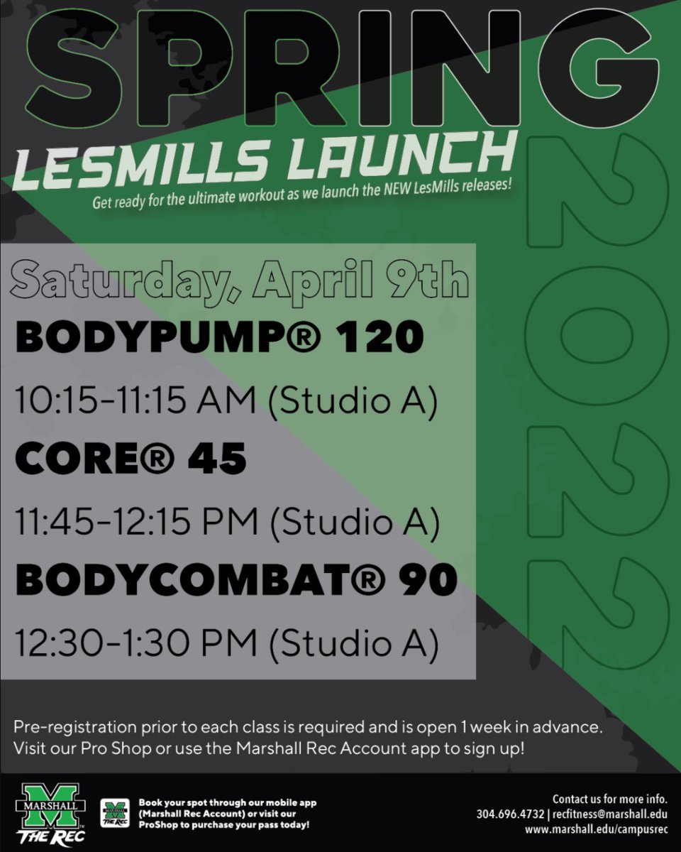 Happy #FunFriday! Join us April 9th for the Les Mills Launch! The fitness fun starts with BODYPUMP at 10:15 am! With a 30 minute gap in between, stick around after for CORE and BODYCOMBAT! Pre-registration for Les Mills classes will open April 2nd on the Marshall Rec app.