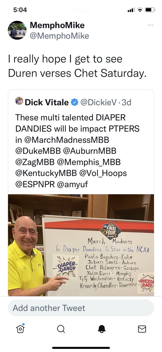 MemphoMike's tweet photo. Thx for the like @DickieV, made my tournament! Prayers for your recovery sir! #GTG #DIAPERDANDIES https://t.co/IRNGorJZn0