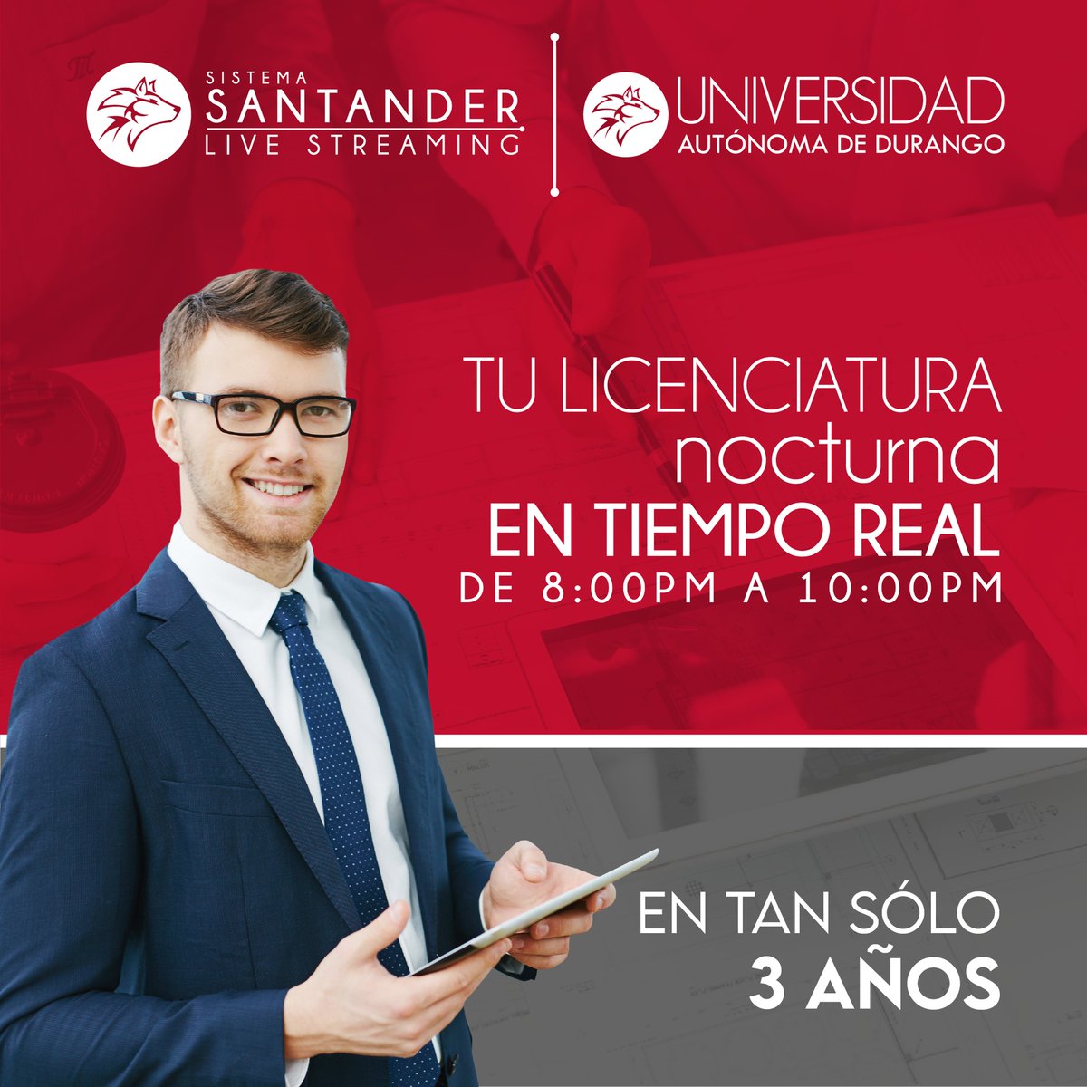 UAD_ags's tweet photo. Innovamos para adaptarnos a tu ritmo de vida, nuestro sistema Santander Live Streaming te permitirá estudiar una licenciatura.

-En tiempo real
-A distancia
-En sólo 3 años

+INFO.
Oficina de enlace Campus Aguascalientes
📲  449 115 3516
#SiempreGrandes #SiempreLobos https://t.co/YBziqnmdet