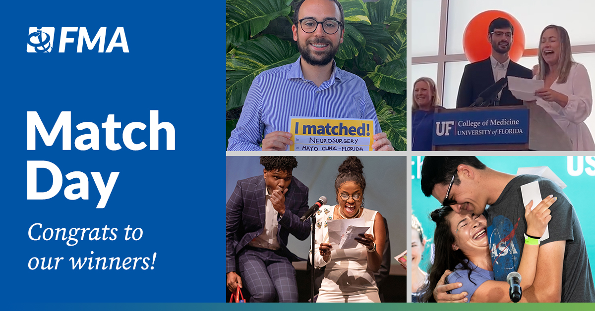 FloridaMedical's tweet photo. The FMA congratulates all of the students who #matched today. May you continue to excel as residents wherever your journey takes you! The winners of the #FMAmatch contest today are @AliciaDarwin96, @gdebiase_md, Sara Kennedy with @UFMedicine, and Stenia Accilien with @FSUCoM! https://t.co/Esb1YkY8JV