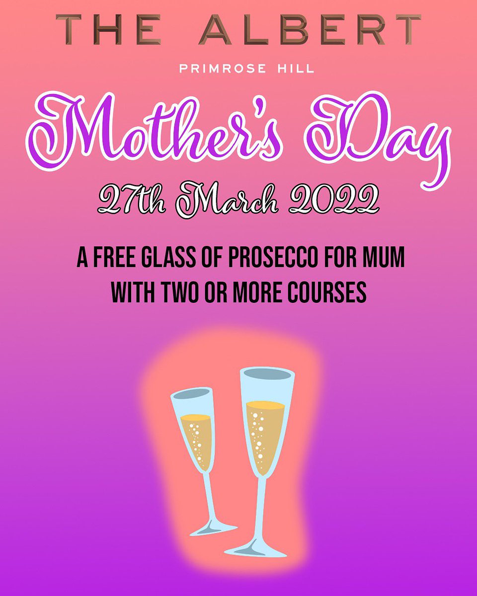 Join us this Mother’s Day! 

There may be a free glass of prosecco in the offing 👀🥂

#thealbert #mothersday #primrosehill