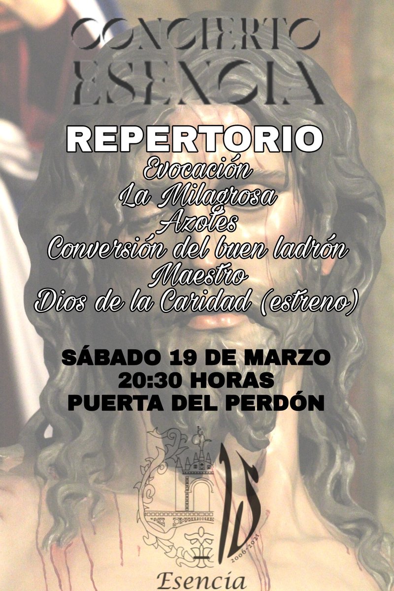 Para culminar el sábado donde concluiremos los cultos, tendremos el Concierto de <a href="/CCyTTEsencia/">Banda de Cornetas y Tambores Esencia</a> con el estreno de la marcha #DiosdelaCaridad

20:30 horas en la Puerta del Perdón