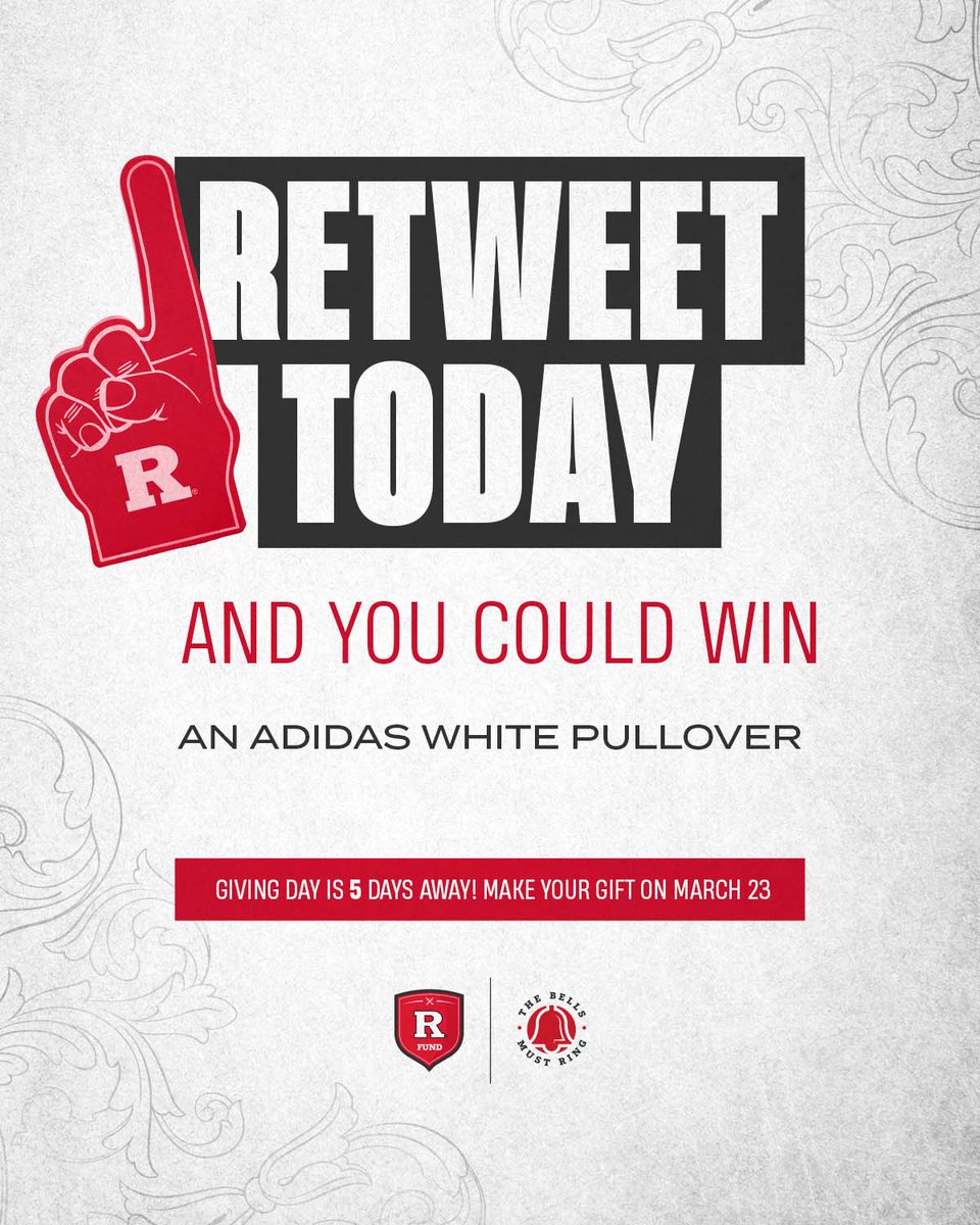 R_Fund's tweet photo. 𝟱 𝗗𝗮𝘆𝘀 ➛ 𝗠𝗮𝗿𝗰𝗵 𝟮𝟯 l #RUGivingDay

Retweet🔁 for a chance to win an Adidas White Pullover!

We are 5⃣ days away from #RUGivingDay 2022! Let's Ring the Bells on March 23!

➛ https://t.co/i96R0lUMqK https://t.co/TqGjmZTvHc