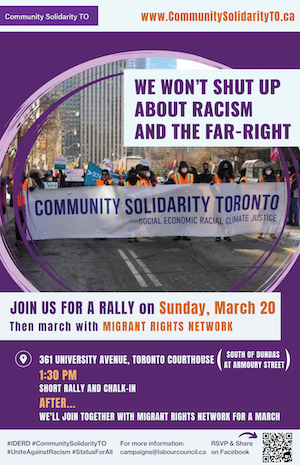 TCBN_TO's tweet photo. Join the Community Solidarity TO Rally beginning at 1:30 pm this Sunday, March 20. Starting at 361 University Avenue (the Toronto Courthouse), we will gather for a rally and chalk-in to protest the rise of hate, racism, and the far-right. https://t.co/m4FTZsuHSE @torontolabour https://t.co/ibErIBOrDC