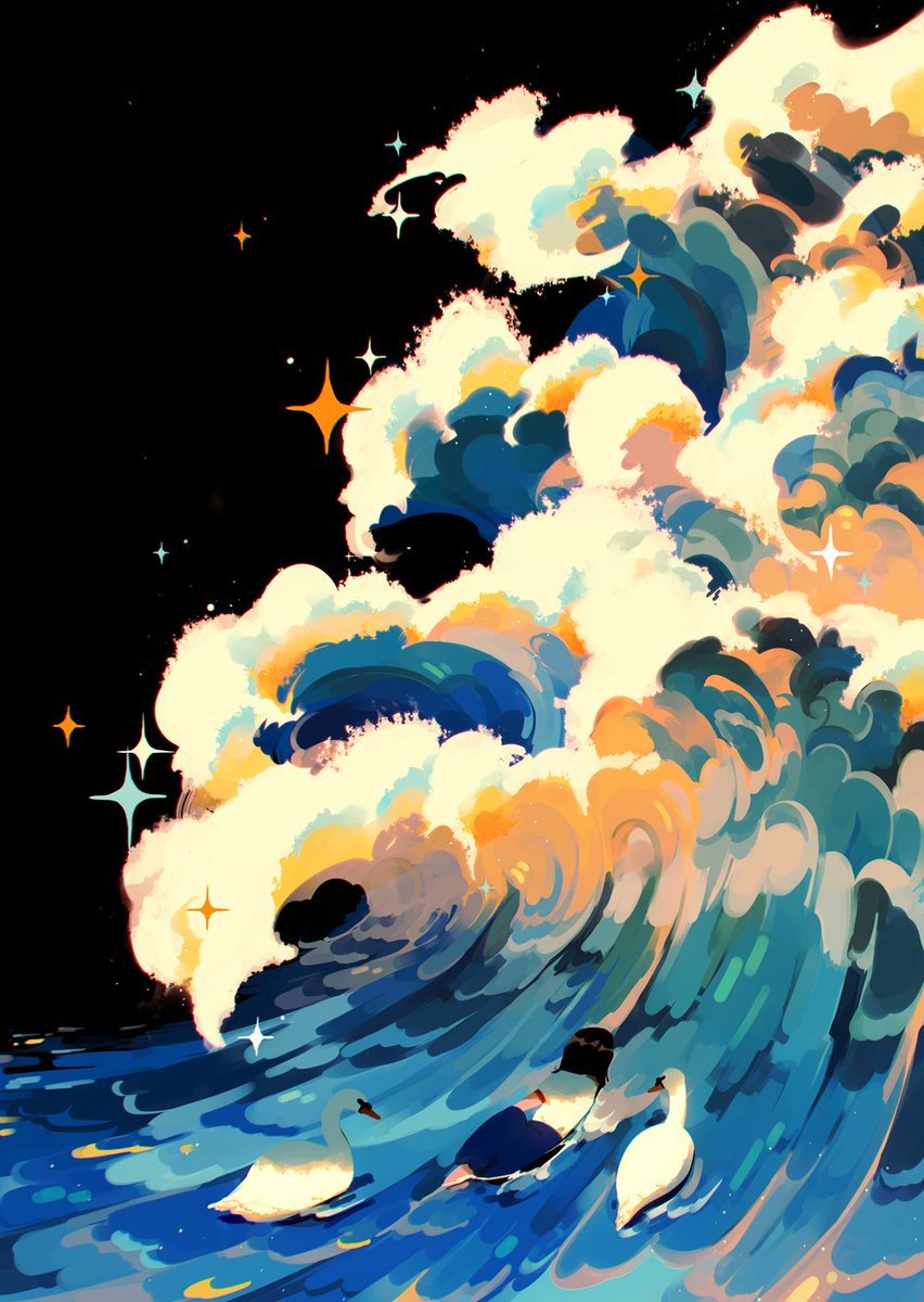 waves bird black background sparkle cloud water solo  illustration images