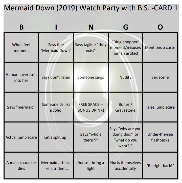 MovieReviewsBS's tweet photo. 🎈Get your FREE #BingoCard for our #MermaidDown #WatchParty🎉🎈 1/2
FRI Mar18
Mermaid Down(2019) #Tubi👍
It's a mermaid's revenge.
#Live📢 9pm ET on #PredrinkingHorrorBS🍻
#Predrinks #Drinks #CollegeHumor #DrinkingGames https://t.co/v5pvJRK5iz