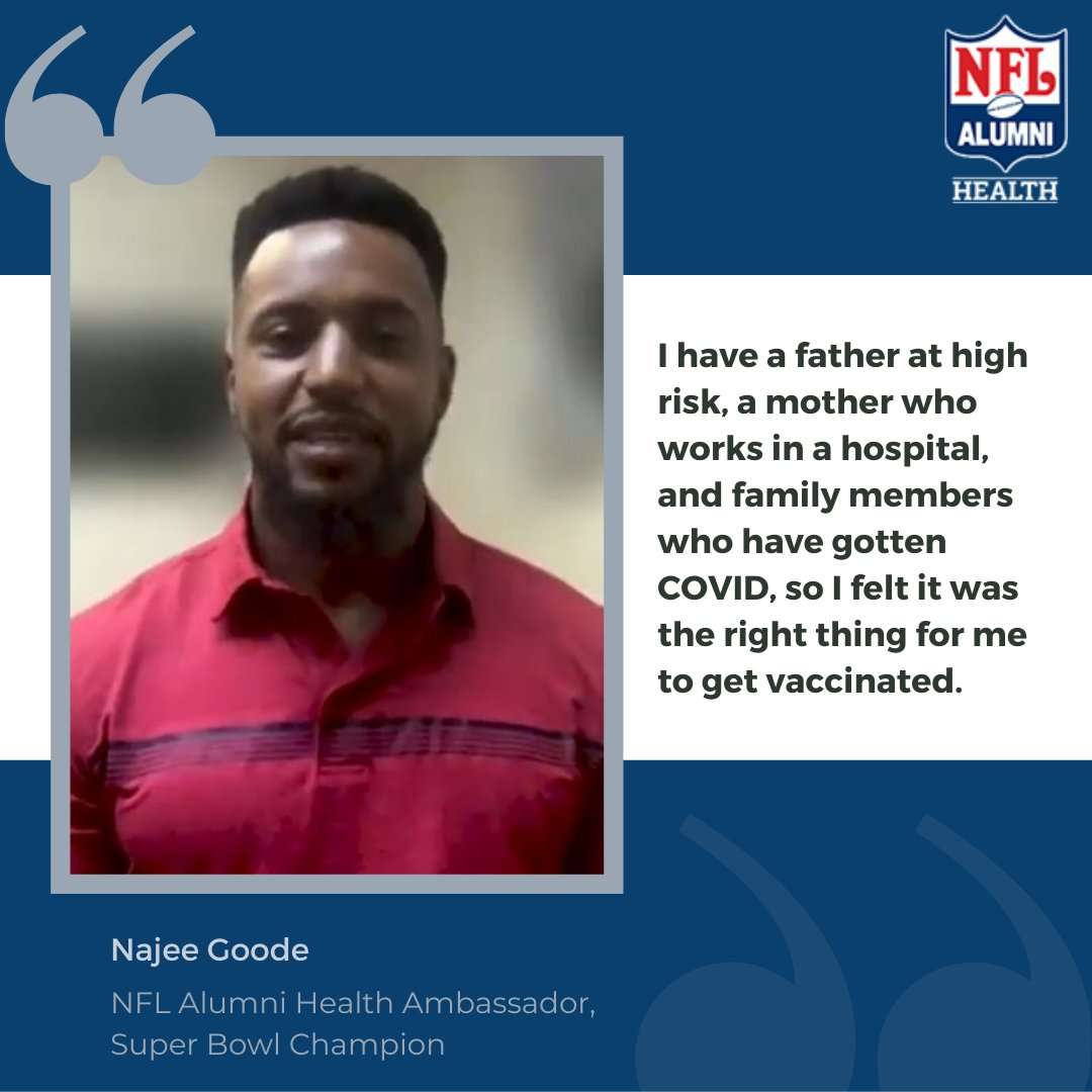 #NationalVaccinationDay #FlashbackFriday to #NFLAlumniHealth ambassador #SuperBowl Champion Najee Goode: 'I have a father at high risk, a mother who works in a hospital, and family members who have gotten COVID, so I felt it was the right thing for me to get vaccinated.'