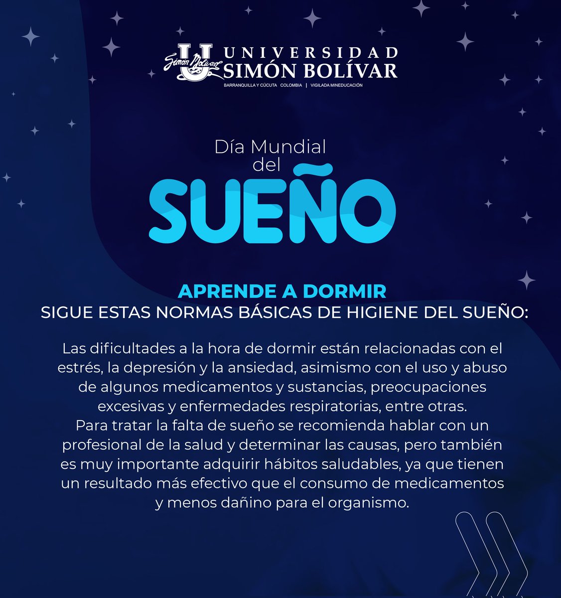 unisimoncucut's tweet photo. Hoy también conmemoramos el Día Mundial del Sueño y desde Bienestar Universitario compartimos algunos #Educatips para mejorar la calidad del sueño y el momento de descanso en general. #SomosUnisimón https://t.co/BzItOq39Zf