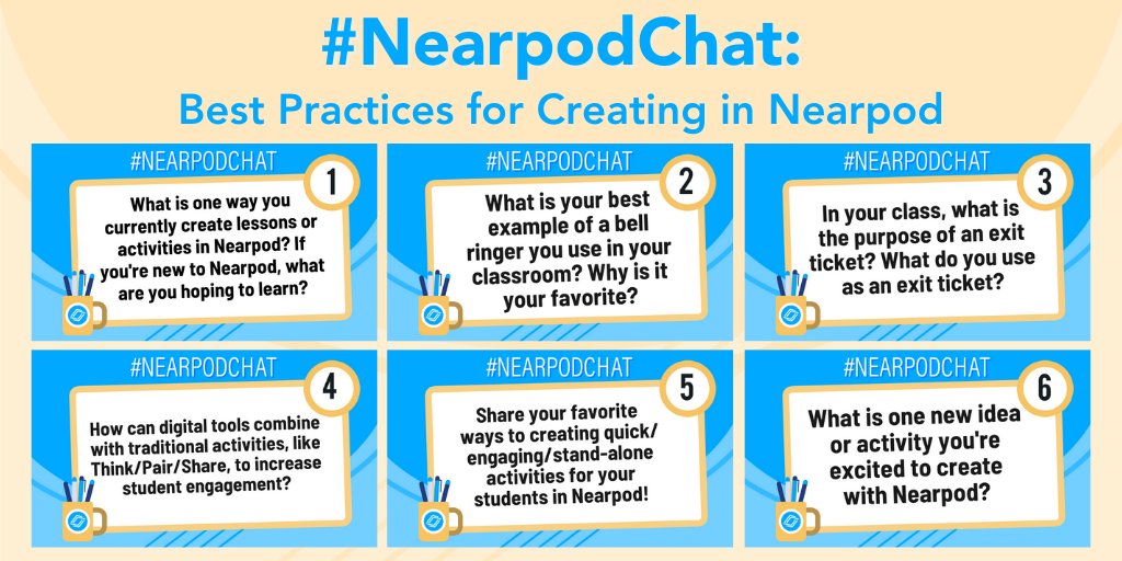 nearpod's tweet photo. What are your favorite ways to create in Nearpod? 🎨

🎉 Tell us in the #NearpodChat next week on Wednesday!

💙 Topic: Best Practices for Creating in Nearpod
⏰ Time: 8pm ET
📆 Date: 03/23
💻 Host: @julie_cobb &amp; @sfprincipal

RT if you will be joining us! ⭐ #EdChat #EduTwitter https://t.co/D5So5Xj0Om