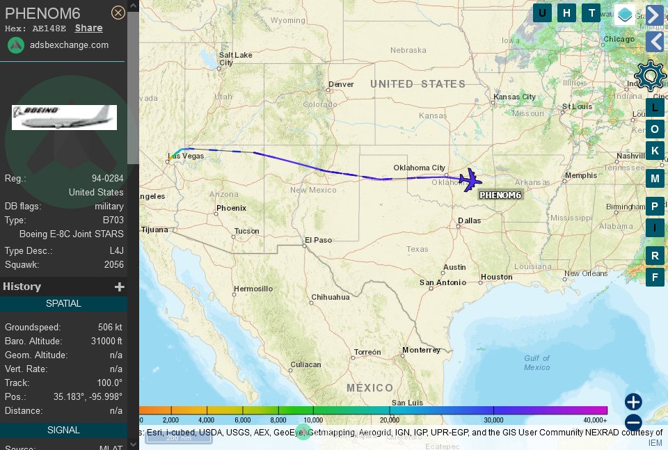 TheIntelFrog's tweet photo. E-8C Joint STARS #AE148E as PHENOM6 is eastbound out of Nellis towards home at Warner Robins AFB, GA. https://t.co/OJcZgvHoLY