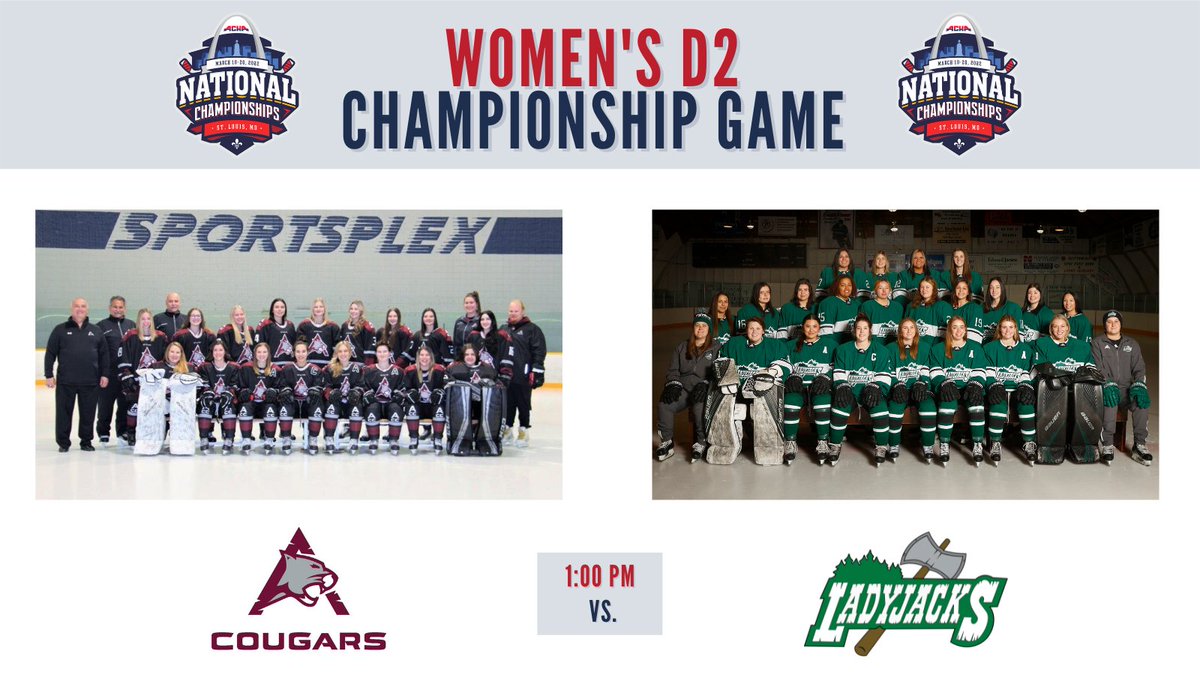 ACHAWomensD2's tweet photo. YOUR 2022 FINALISTS!!! Tune in tomorrow for the Women's D2 Championship game:
โฐ1pm
๐@CougarsACC vs. @DCB_WHockey
๐@STLCIC
๐น@MyHockeyTV https://t.co/cNCHb9LIDg
#ACHANationals2022 https://t.co/AuUQZ7Asan