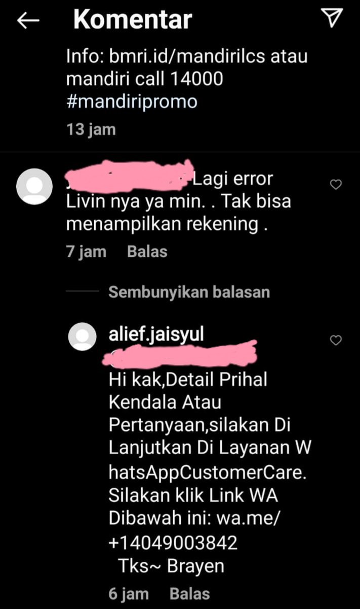 Amriisss's tweet photo. Singkat cerita, dikarenakan butuh akses cepat ke livin mandiri, dilalahnya beliau komen di IG bank mandiri. Kemudian ada oknum yang namanya alief.jaisyul bales komennya beliau @CCICPolri @bankmandiri https://t.co/e4y144HiXV