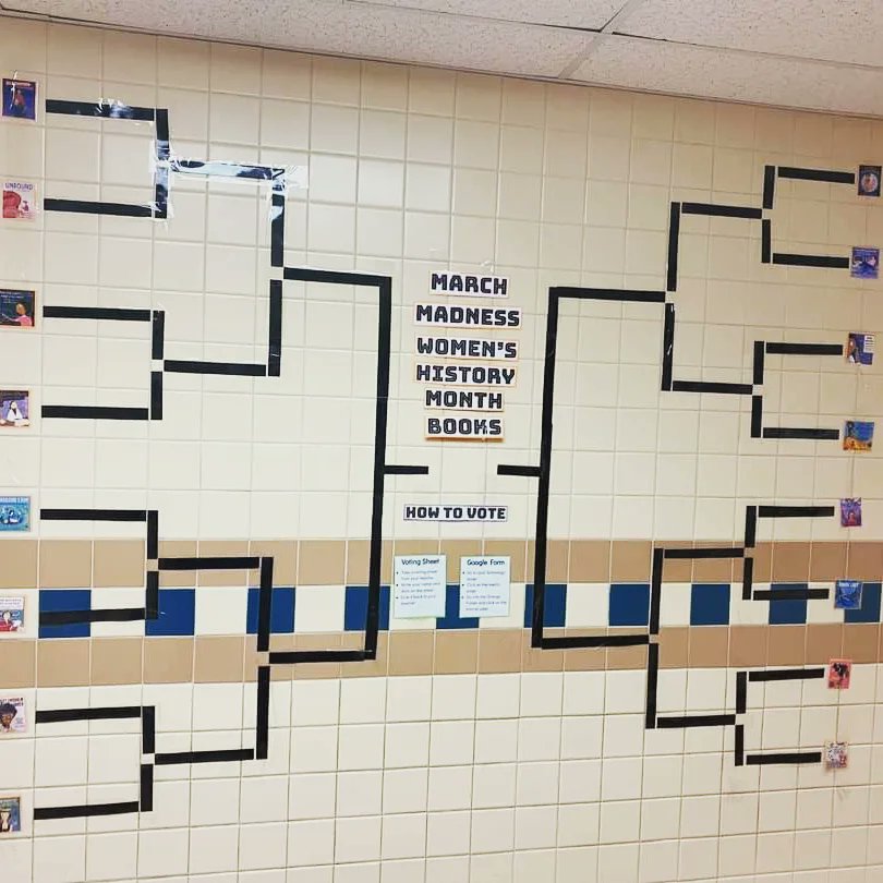 SpringRidgeRoos's tweet photo. Ms Bradshaw has the brackets ready for next week's March Madness Book voting. Be sure to check the Media folder in Schoology to listen to all of the books and get ready to VOTE! #unstoppableroos #marchmadness #sresroos https://t.co/1dIBfbnzMM