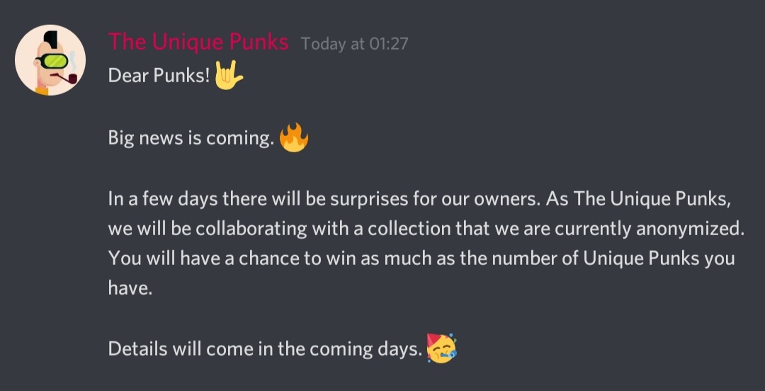 TheUniquePunks's tweet photo. Dear Punks! 🤟

Big news is coming! 🔥

🔗https://t.co/U4cXHLHDog

#NFT #NFTs #TheUniquePunks #APECOIN https://t.co/8jMYfBK6qi