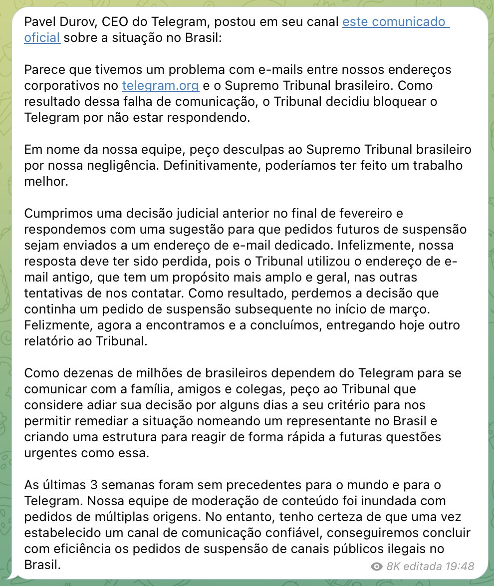 Durov, dono/CEO do Telegram, publica nota falando que o Telegram não tem os  dados que a justiça quer e falando que se for o caso o Telegram sai do  Brasil. : r/brasilivre