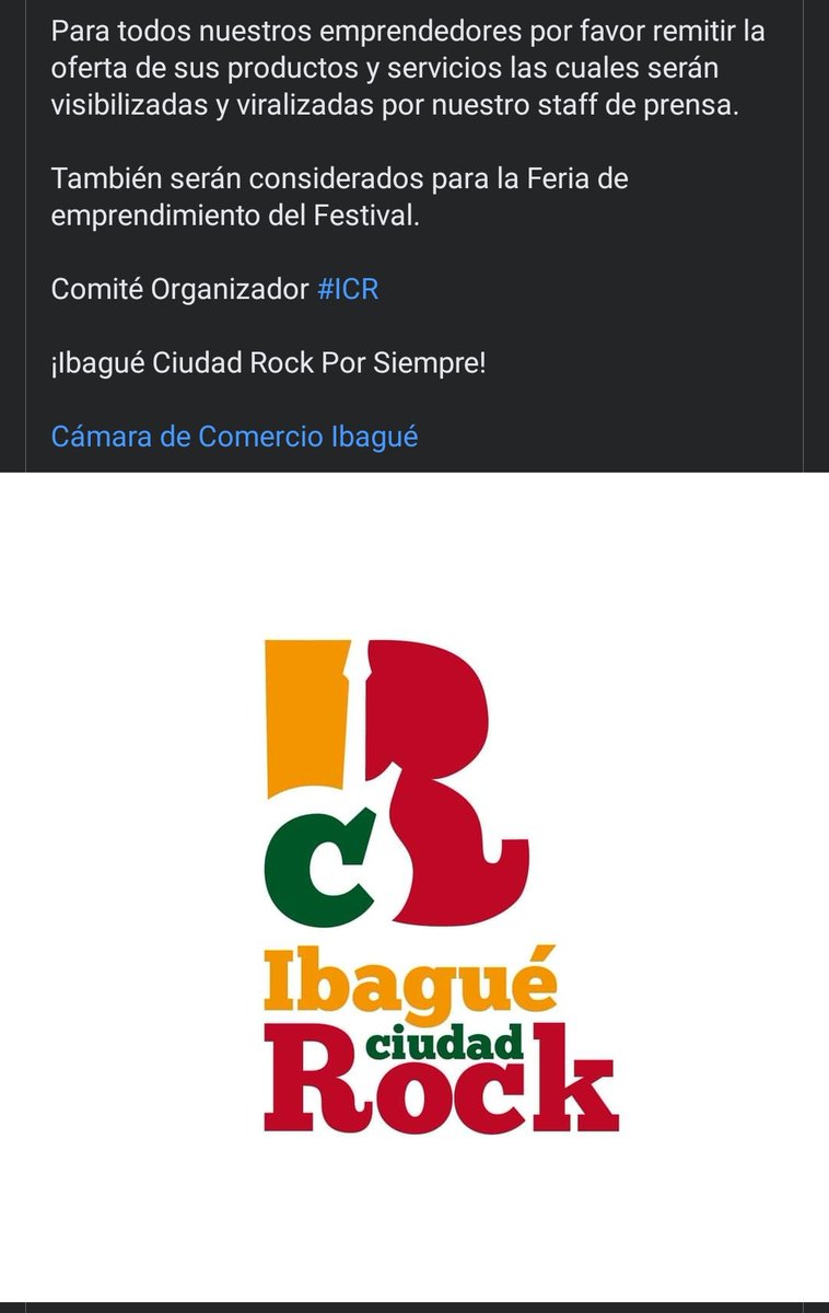 Actualización.

El festival Ibagué Ciudad Rock dará un espacio para las bandas locales de Ibagué y emprendimientos afectados por el aplazamiento del Jamming Festival.

Buena esa <a href="/IbagueRock/">Ibagué Ciudad Rock</a> <a href="/Alcaldiaibague/">Alcaldía de Ibagué</a>