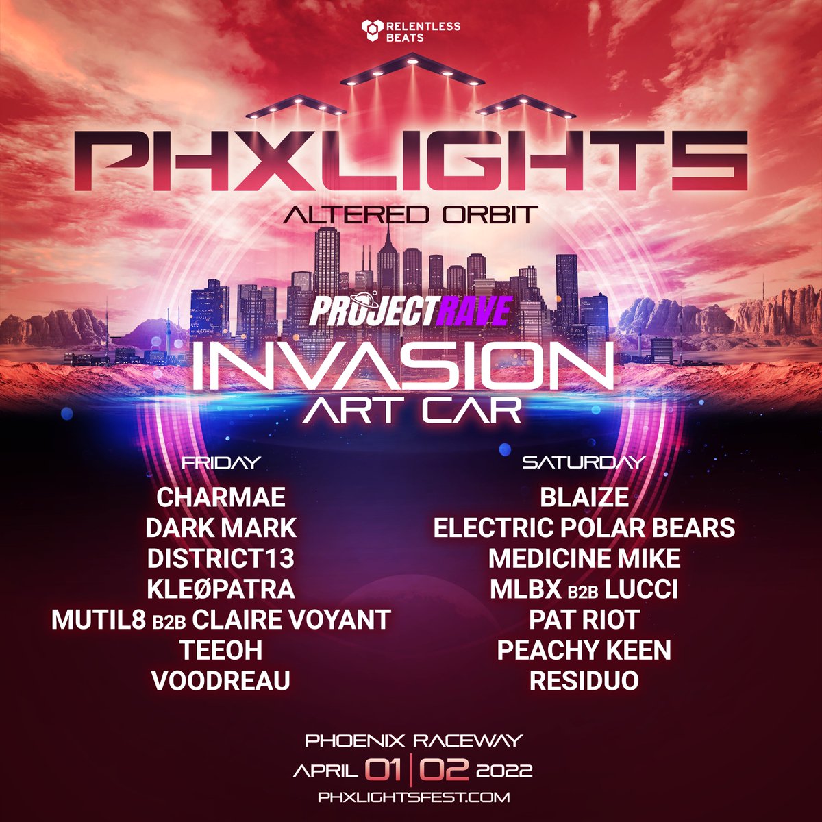 PHXLightsFest's tweet photo. Excited to partner with our friends at @rave_project for the Invasion Art Car! Stop by and catch some tunes as well as their NFT booth and VR Showcase 🛸

Learn more about Project Rave here: https://t.co/Wmeu3NJiKT

Prices increase Sunday at midnight! https://t.co/huIsOmXw4K https://t.co/7eUzH8o4ds