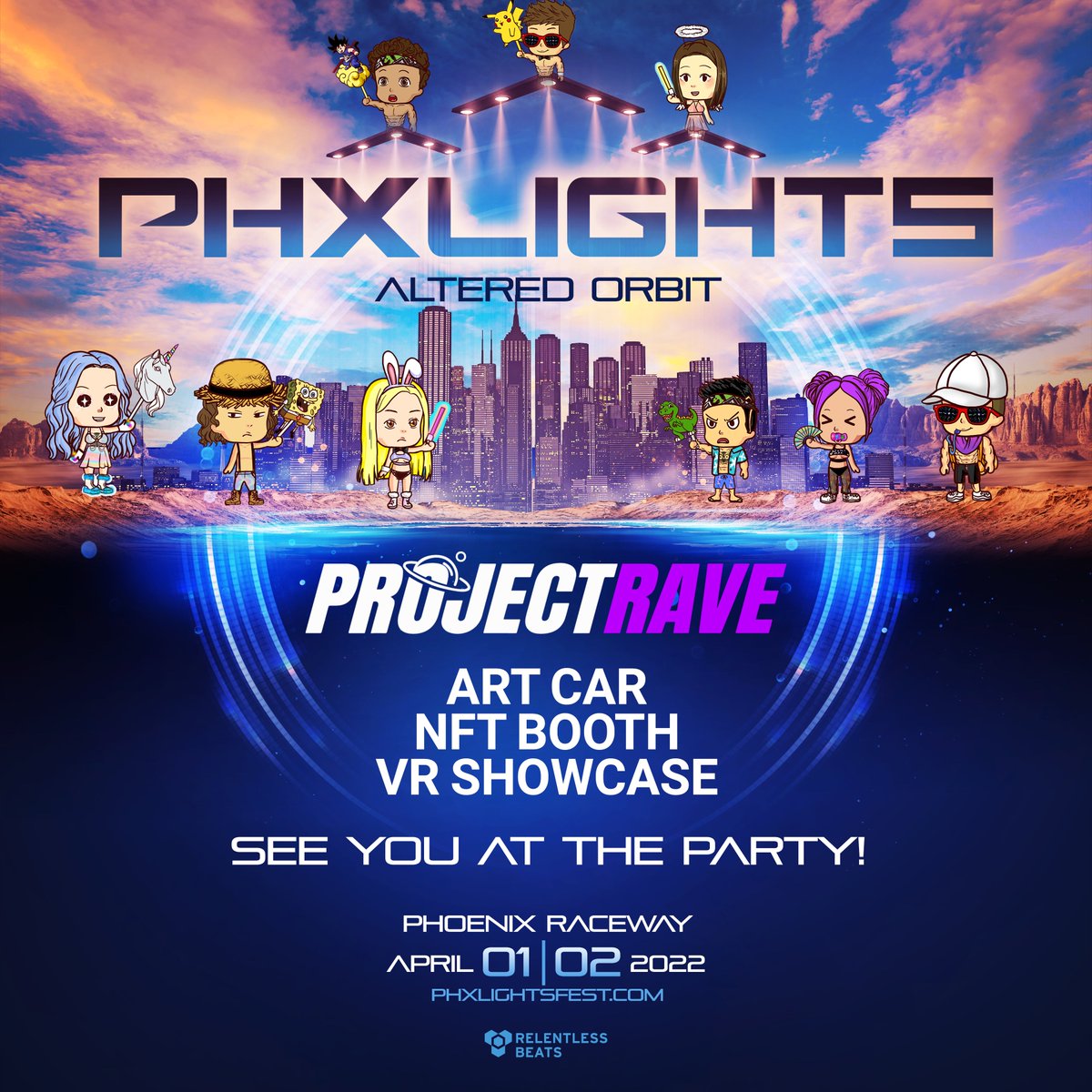 PHXLightsFest's tweet photo. Excited to partner with our friends at @rave_project for the Invasion Art Car! Stop by and catch some tunes as well as their NFT booth and VR Showcase 🛸

Learn more about Project Rave here: https://t.co/Wmeu3NJiKT

Prices increase Sunday at midnight! https://t.co/huIsOmXw4K https://t.co/7eUzH8o4ds