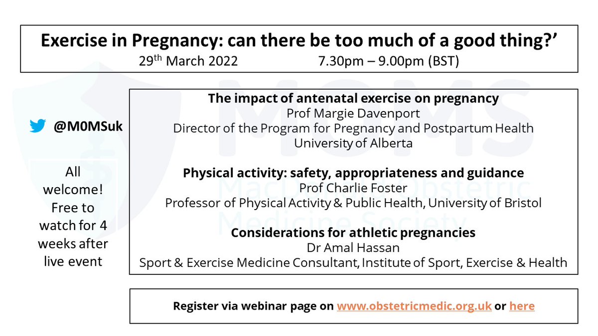 M0MSuk's tweet image. 🌟🌟🌟🌟Webinar alert! 🌟🌟🌟🌟

Exercise in pregnancy: can there be too much of a good thing?

Tuesday 29.3.22
1930-2100 (BST)

Excellent line up, including @ExercisePreg
@FosteratBristol and #DrAmalHassan 

All welcome! Please tell your friends.  

Link on our website or ⬇️