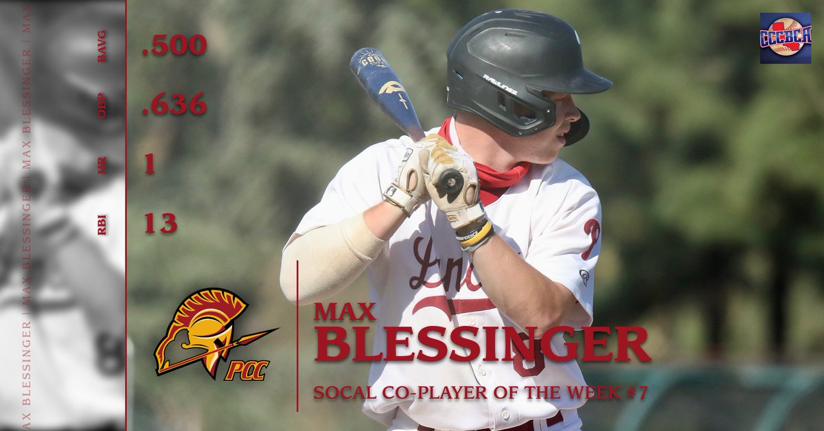 PCC Athletics (@pccathletics) on Twitter photo SoCal Baseball Co-Player of the Week:
PCC's Max Blessinger
<a href="/BaseballPcc/">PCC Baseball</a> @PCCprez <a href="/BaseballCensus/">Baseball Census</a> <a href="/caljcbaseball/">cccbca</a> <a href="/210PrepSports/">210 Prep Sports</a> <a href="/KeithLLair/">Keith Lair</a> SoCal Baseball Co-Player of the Week:
PCC's Max Blessinger
<a href="/BaseballPcc/">PCC Baseball</a> @PCCprez <a href="/BaseballCensus/">Baseball Census</a> <a href="/caljcbaseball/">cccbca</a> <a href="/210PrepSports/">210 Prep Sports</a> <a href="/KeithLLair/">Keith Lair</a>