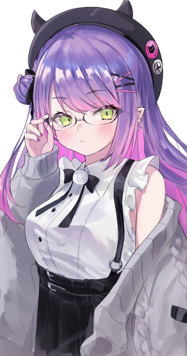 tokoyami towa 1girl solo purple hair glasses long hair hat green eyes  illustration images