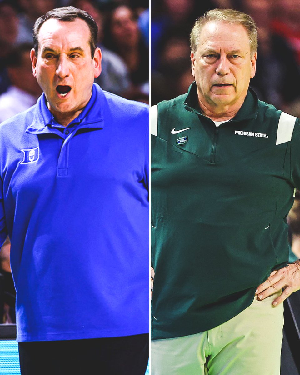 SportsCenter's tweet photo. THE STAGE IS SET 🔒

Mike Krzyzewski and Tom Izzo will face off for the SIXTH time in the NCAA tournament, the most common coaching matchup in men's basketball history 😳 https://t.co/us4sLresJQ