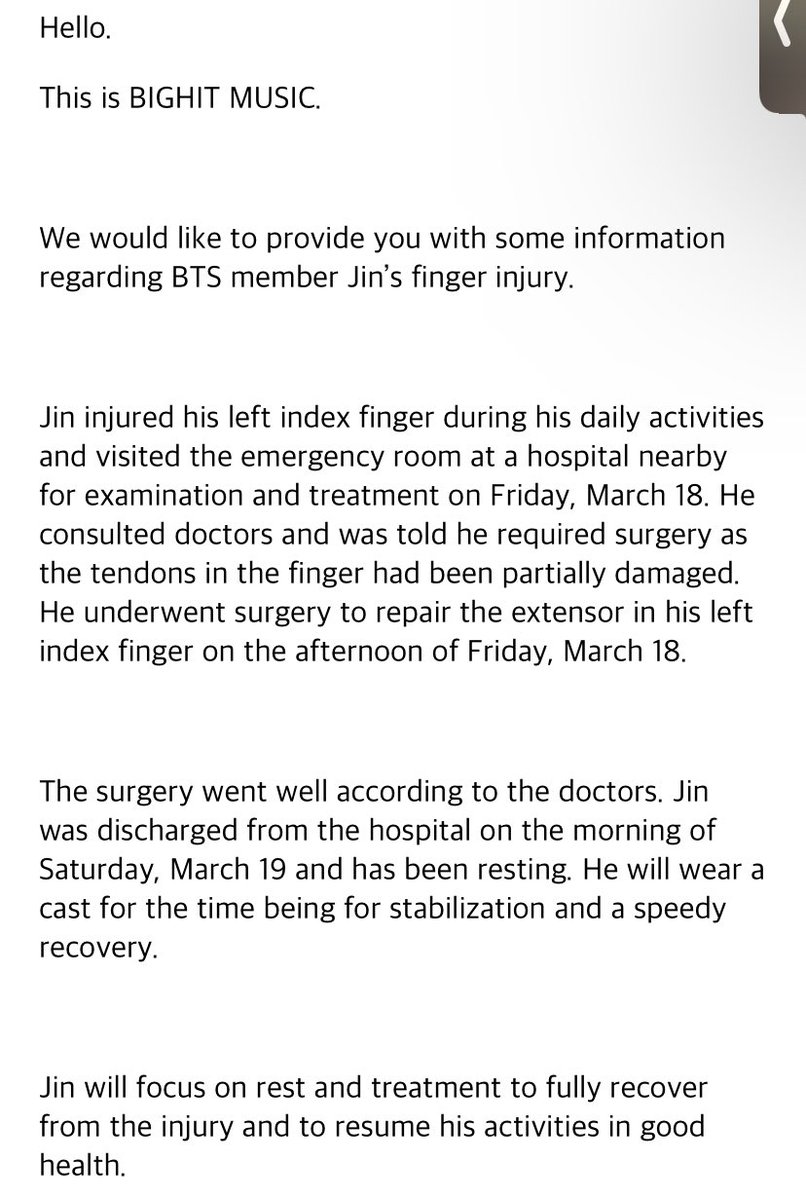 haruharu_w_bts's tweet photo. oh no :( get better soon jin! @BTS_twt https://t.co/nyODoFG6hQ