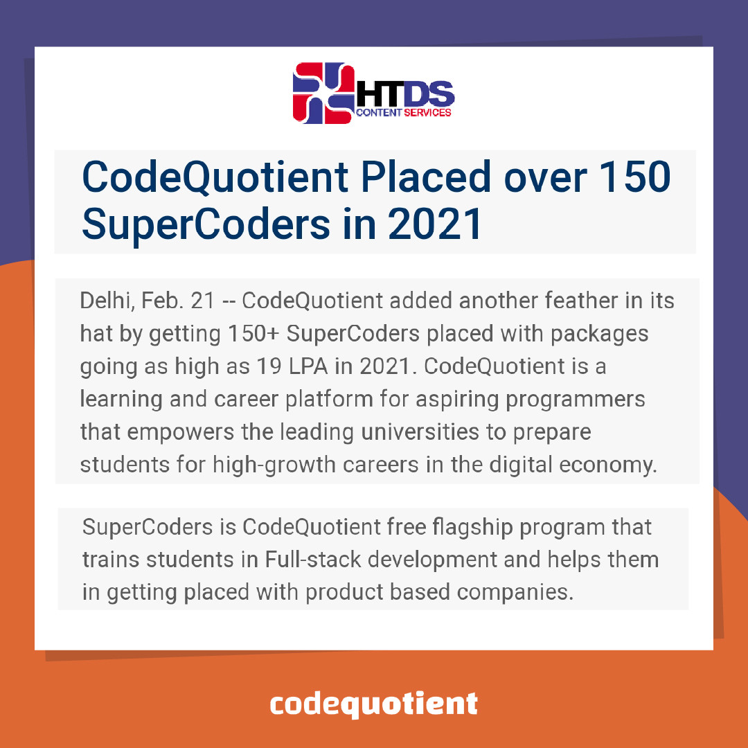 CodeQuotient's tweet image. In 2021, we had successfully placed over 150 students in various tech companies. Find out how we did it and more about our journey…
htsyndication.com/newsvoir/artic…
#CodeQuotient #SuperCoderProgram #placements #techplacement #jobnetwork #recruitment #techrecruitment