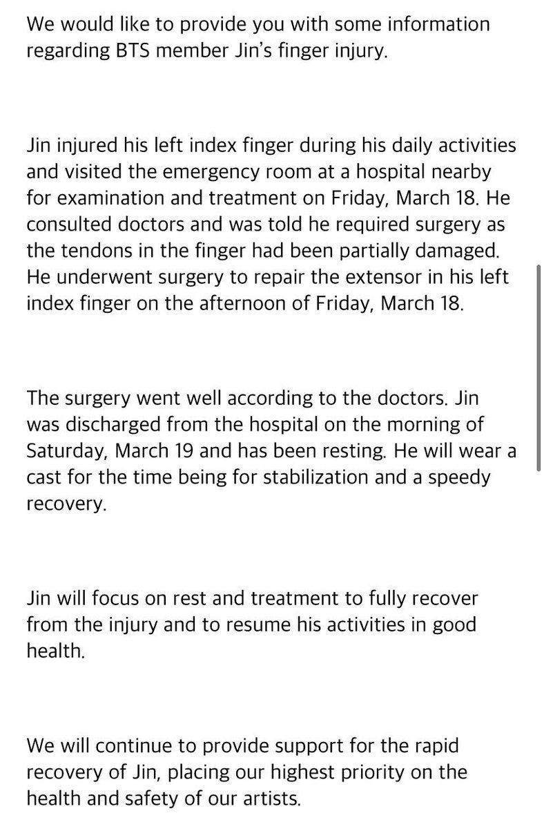 📢 COMUNICADO ᎒ 📝 [TRAD] - Sobre #JIN Nos gustaría brindarle información sobre la lesión en el dedo del miembro de BTS, Jin. Jin se lesionó el dedo índice izquierdo durante sus actividades diarias y él visitó la sala de emergencias de un hospital cercano para ser examinado +