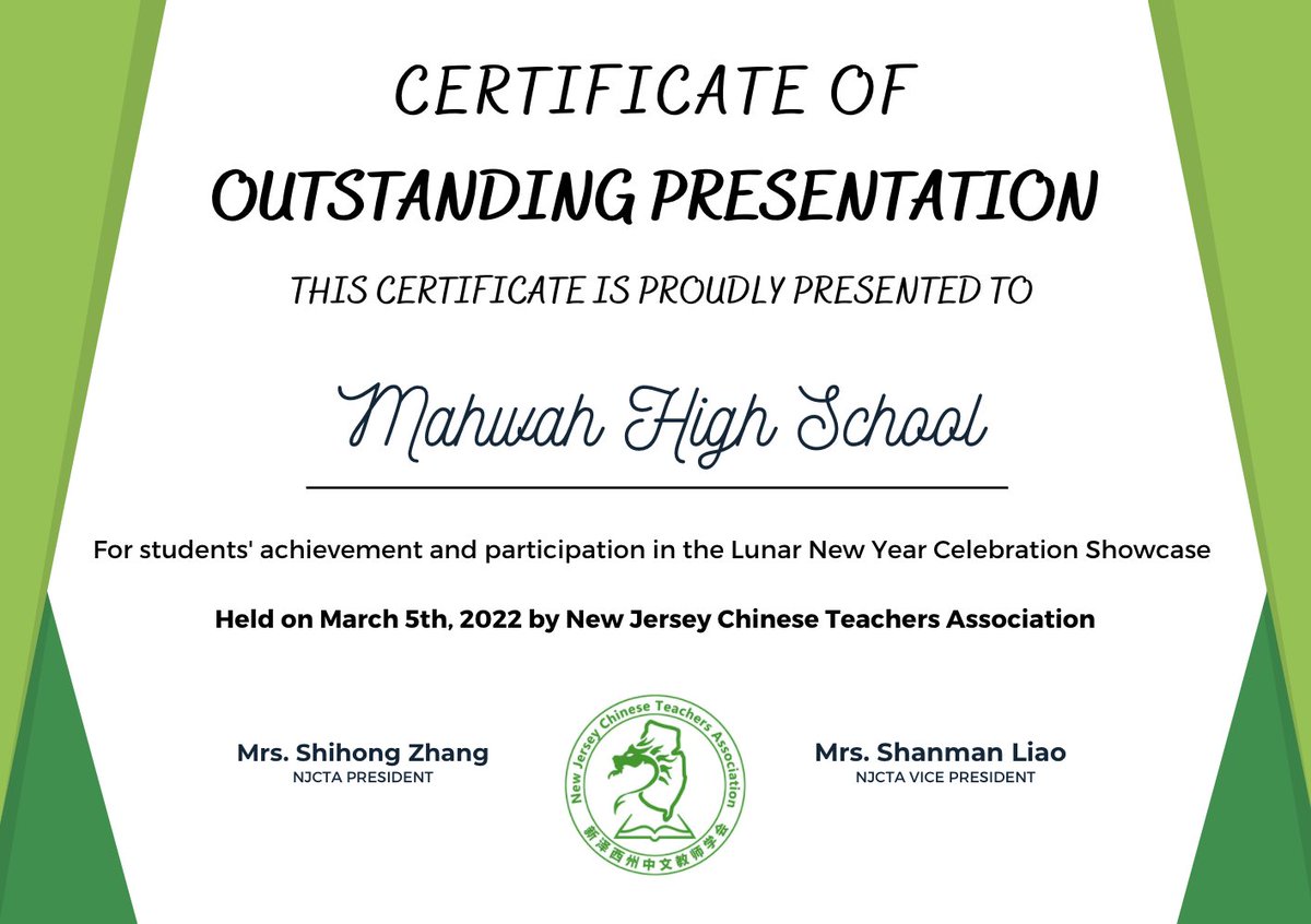 Chinese students LYager, MNitta, LWoo, VChan, NCrames,& Alice Feng submitted a team video for a contest organized by the NJ Chinese teacher association (NJCTA). 15 schools in NJ participated, MHS won the certificate of outstanding presentation for our school!#MahwahConnects